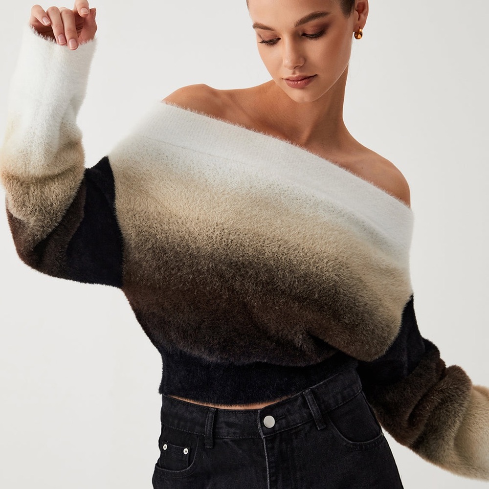 Commense | women's large Off-the-Shoulder Gradient Sweater - Black, Brown, Cream